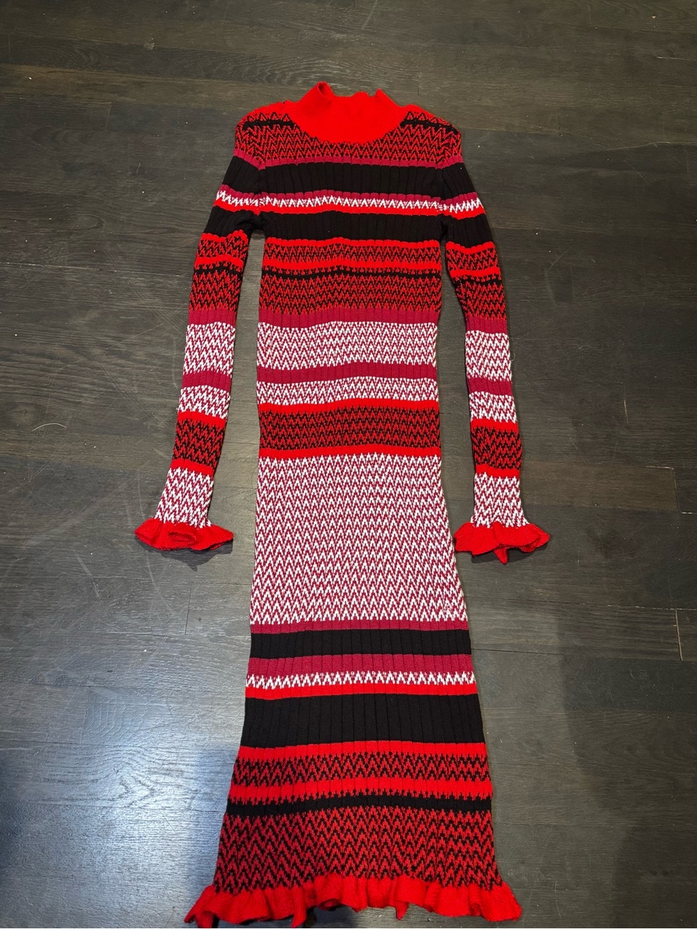 Red Striped Knit Midi Dress with Ruffle Trim